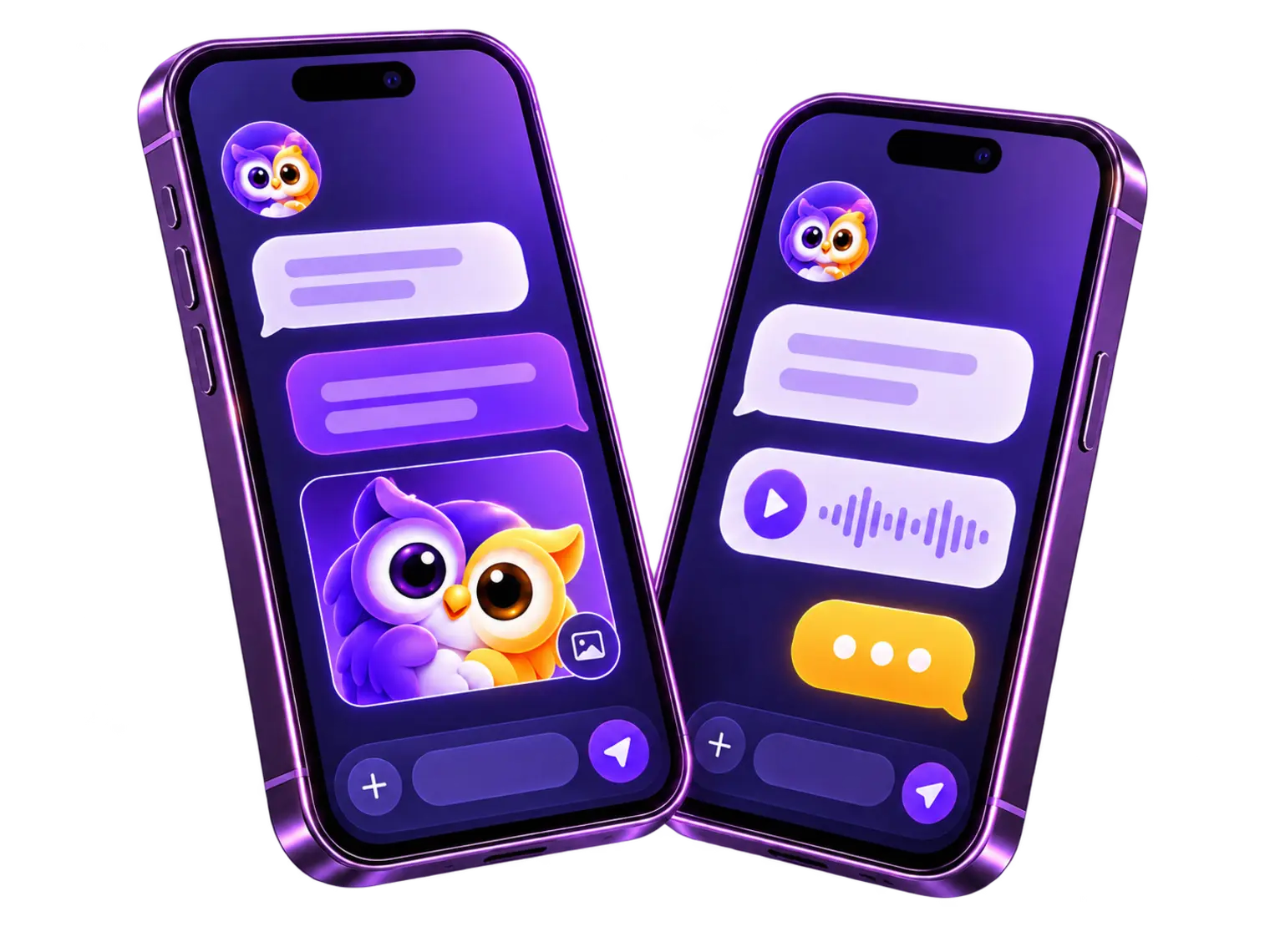 两台 iPhone 展示 OO.CC 双向聊天界面